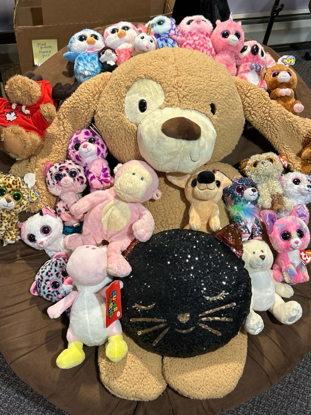 Large Brown Plush Dog with Black Sequin Cat Pillow